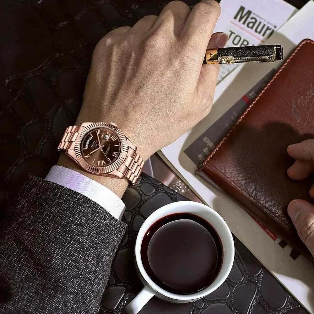 Men's Rose Brown Stainless Steel Analog Classic Design Stylish Wrist Dress Watch